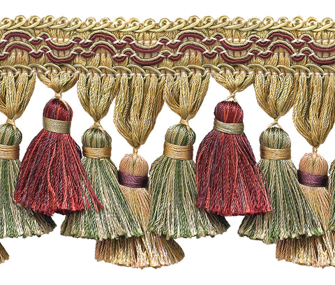 Wine, Gold, Green 3 3/4 inch Imperial II Tassel Fringe Style# TFI2 Color: CHERRY GROVE - 4770 (Sold by The Yard)