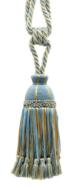 Set of 2 / French Blue, Cadet Blue, Gold, Champagne Gorgeous, Large Ribbon Tassel Tieback / 9 1/2 inch long Tassel, 32 inch Spread (embrace) / Style# TBHR095 (9130) Color: Boudior - 51527