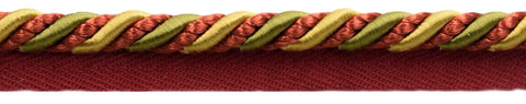 Large 3/8 inch Green, Red, Gold Basic Trim Cord With Sewing Lip / Style# 0038AXL / Color: Peony - LX07 / Sold by The Yard