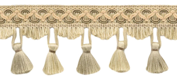 2.5 Inch Oatmeal, Pebble, Kasha Tassel Fringe Trim / Style# TFEMP3 (21958) / Color: Frost - V119 / Sold By the Yard