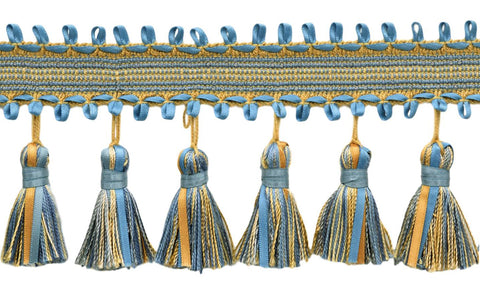 3 3/4 inch Ribbon Tassel Fringe / Style# RTF0375, Color: French Blue, Cadet Blue, Gold, Champagne - 51527 (Sold by The Yard)