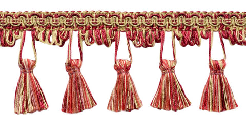 24 Yard Package - 2.5 Inch Auburn, Wine, Beachwood, Camel Gold Tassel Fringe Trim / Basic Trim Collection / Style# TFC025 / Color: Flambe - PR02 (72 Ft / 21.9 Meters)