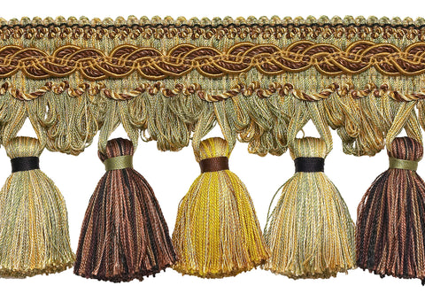 BROWN GOLD 4 inch Baroque Tassel Fringe Style# TFB1 Color: GOLDEN CHESTNUT - 5207 (Sold by The Yard)