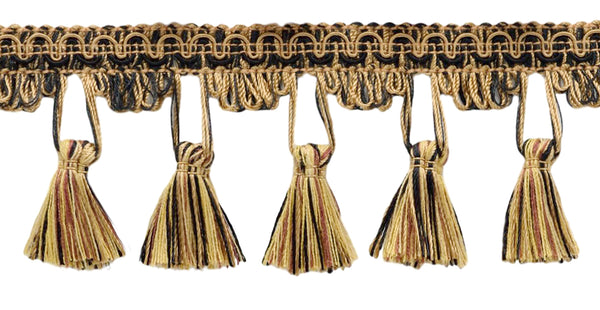 2.5 Inch Black, Auburn, Straw, Harvest Gold, Champagne, Gold Tassel Fringe Trim / Style# TFC025 / Color: Cocoa Praline - PR16 / Sold By the Yard