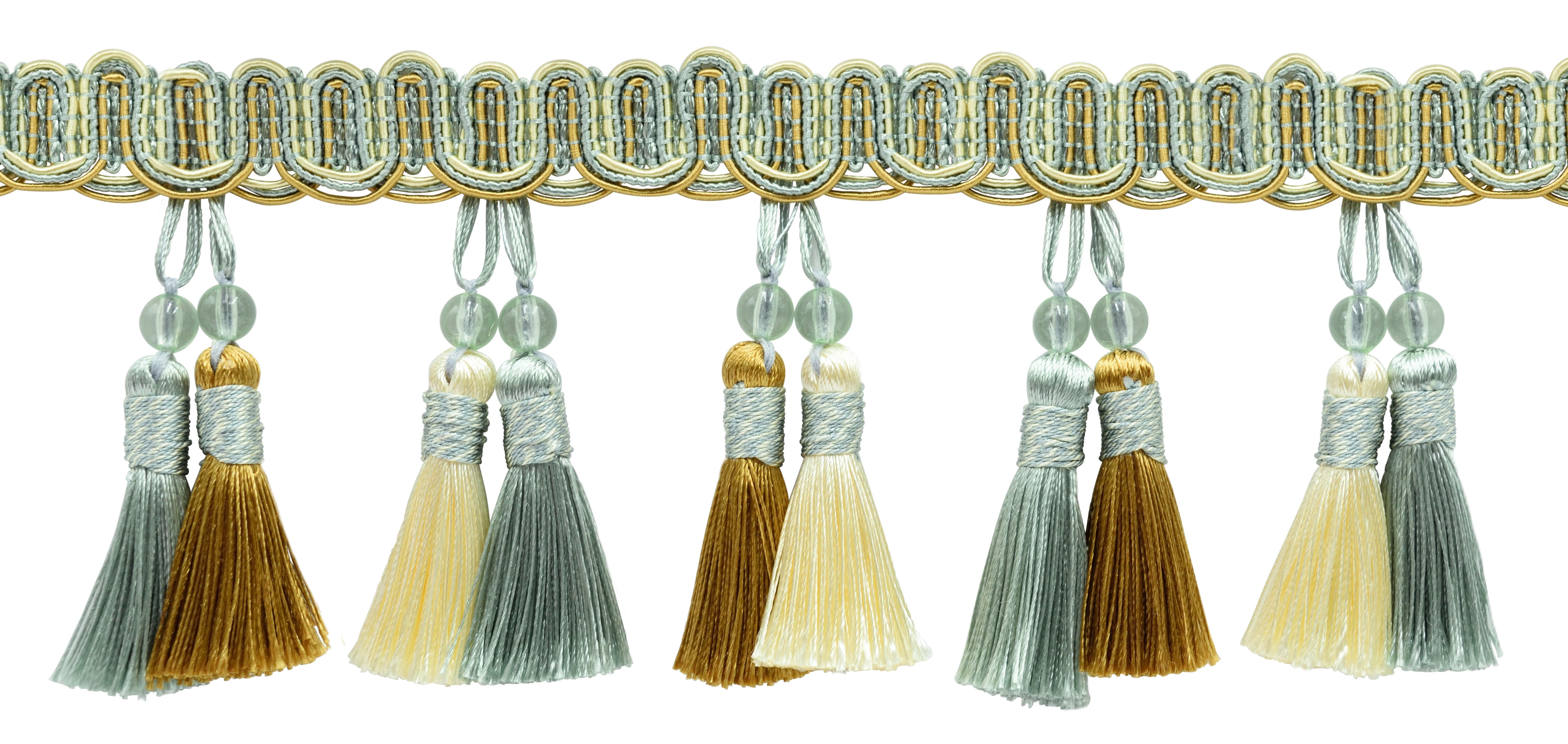 Elegant 4 Long Olive Green, Light Gold, White Beaded Tassel Fringe Style#BTFH4 - Olive Garden 010 (Sold by The Yard)