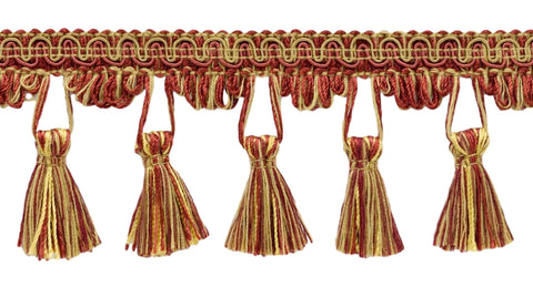 2.5 Inch Camel Beige, Molten Lava, Beachwood, Brick Dust, Dark Rust, Chinese Red Tassel Fringe Trim / Style# TFC025 / Color: Sunset - PR15 / Sold By the Yard