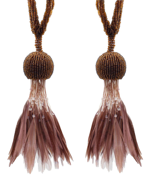 Set of 2 / Brown Beaded Feathered Tassel Tieback / 5 inch long Tassel, 23 inch Spread (embrace) / Style# TBBDFEATHER5 (9457) Color: Toasted Chestnut - 101884