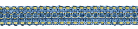 Lavish 1 inch Wide Champaigne Gold, Cadet Blue, French Blue Gimp Braid Trim / Style# 0100VG / Color: Light Blue, Gold - VNT13 / Sold by The Yard